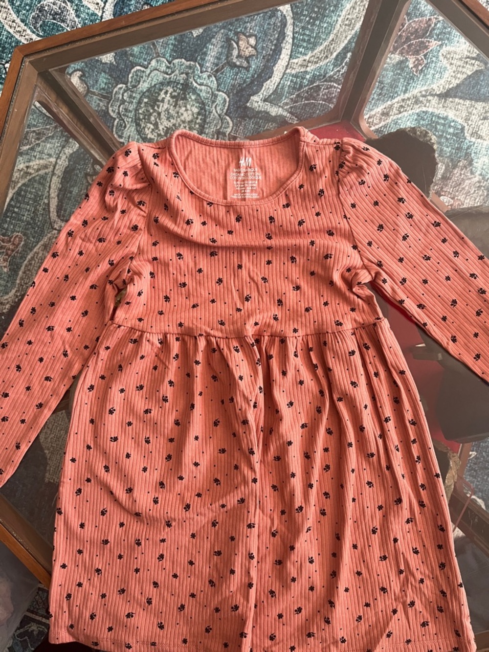 H&M Organic Cotton Coral Pink Ribbed Long-Sleeve Dress with Black Floral Print